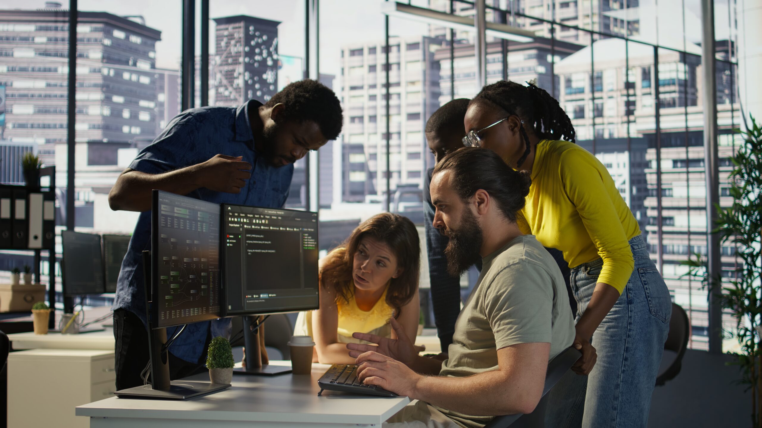 Programmers gathered together to conduct code review to fix errors, identifying technical issues with company software. Team of developers doing brainstorming, optimizing code, camera B